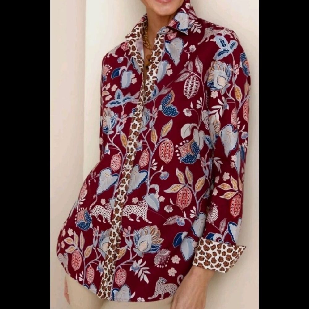 Chico's shirt vivid print jungle animal blouse top 0 s m business casual red